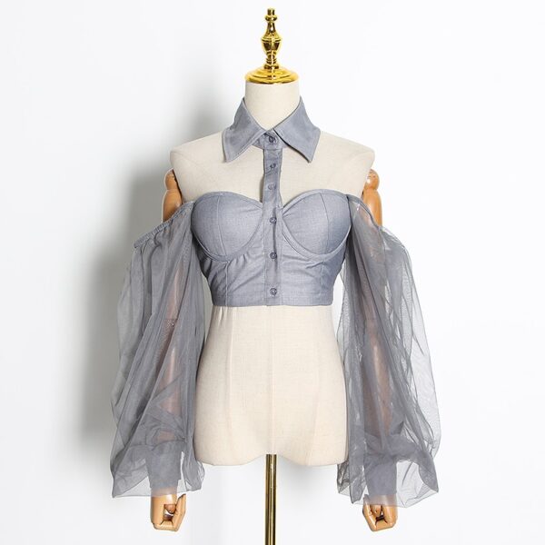 Lapel Collar Mesh Blouse