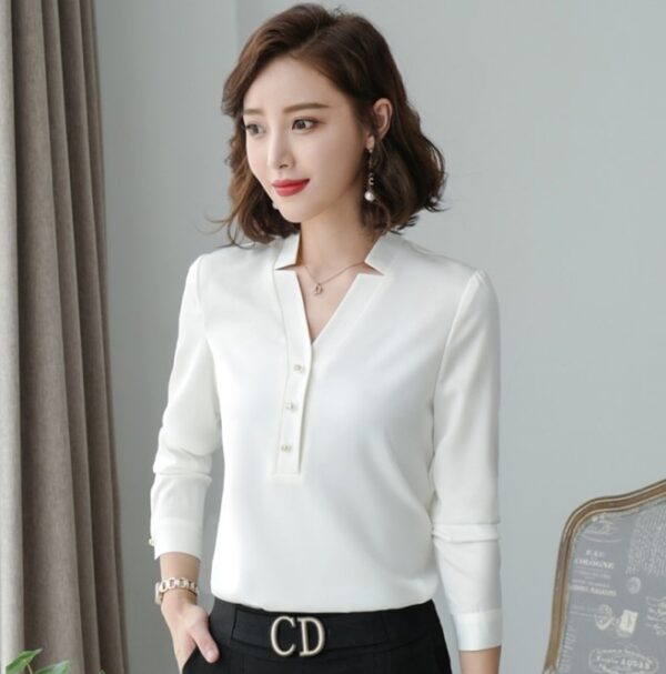 High Quality Fashion Women Shirt New Autumn V Neck Long Sleeve Slim Business Blouses Office Ladies Light Green Work Tops