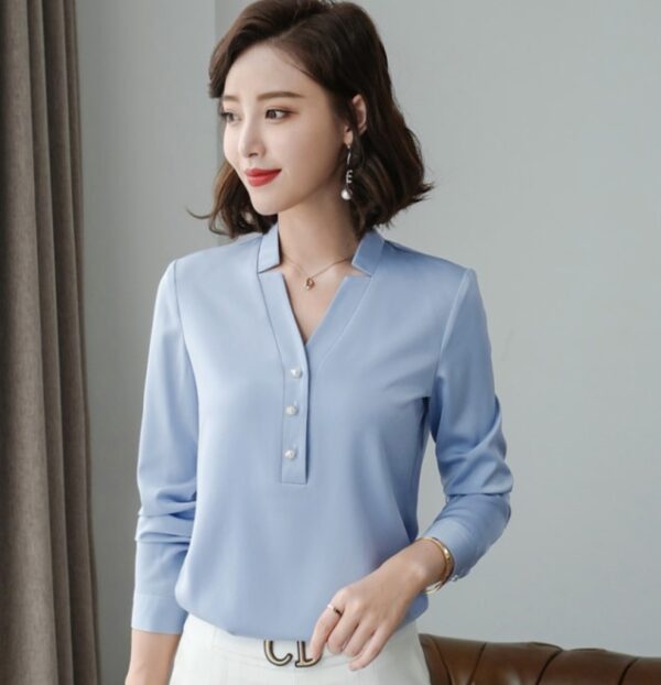 High Quality Fashion Women Shirt New Autumn V Neck Long Sleeve Slim Business Blouses Office Ladies Light Green Work Tops