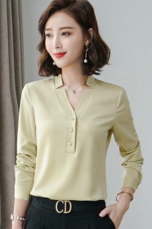 High Quality Fashion Women Shirt New Autumn V Neck Long Sleeve Slim Business Blouses Office Ladies Light Green Work Tops