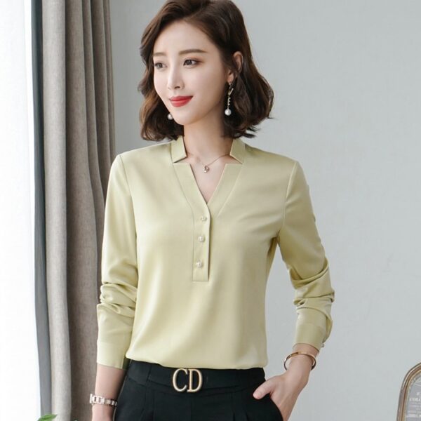 High Quality Fashion Women Shirt New Autumn V Neck Long Sleeve Slim Business Blouses Office Ladies Light Green Work Tops