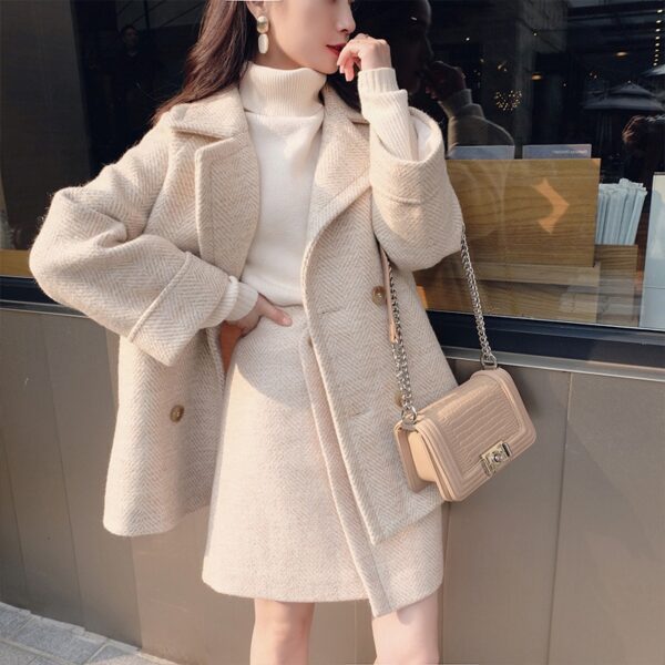 Winter Faux Wool Jacket And Skirt Set