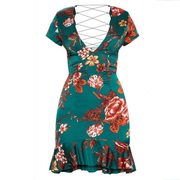 Women Green Criss Cross Back Frill Hem Shift Dress Streetwear Sheath Flora Print Short Sleeve Above Knee Mini Summer Party Dress