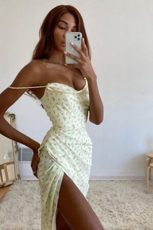 NewAsia Floral Summer Dress Women Spaghetti Straps Cowl Neck Prairie Chic Wrap Dress Long Side Split Pleats Print Yellow Dresses